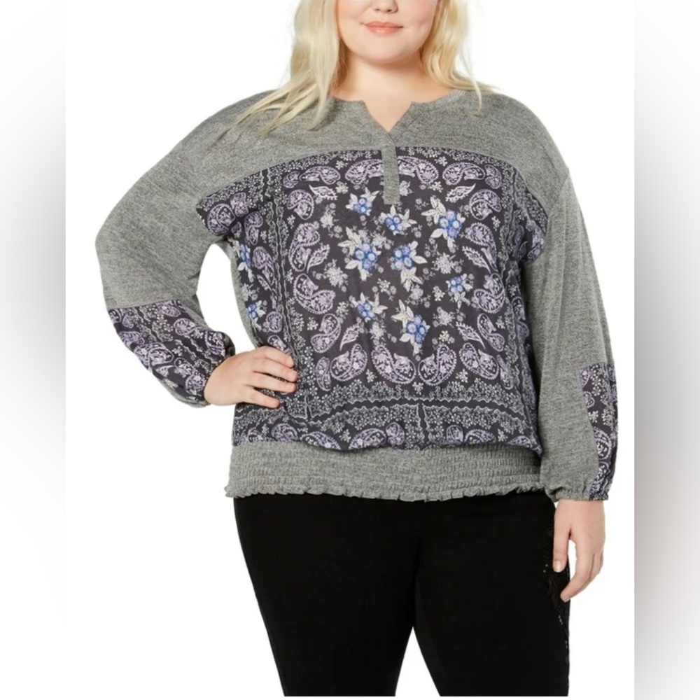 Style & Co. Womens Paisley-Print Peasant Blouse, Grey